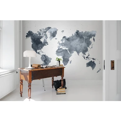Dusky World harmaa maailmankartta muraltapetti kotitoimistoon Rebel Wallsilta R13432 kuva