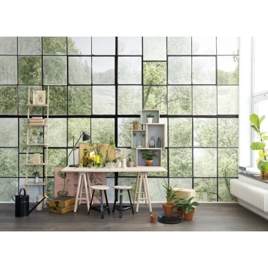 Factory Window vihrea ikkunatapetti tyohuoneen muraltapetti Rebel Wallsilta R14381 image