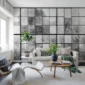 Graafinen kuvatapetti tehosteseina olohuoneessa Rebel Wallsin Factory Window R14382