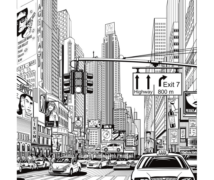 Cartoon City mustavalkoinen piirretty kaupunkitapetti Rebel Wallsilta R10621 kuva
