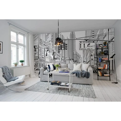 Cartoon City mustavalkoinen piirretty kaupunkitapetti olohuoneeseen Rebel Wallsilta R10621 image