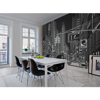 Cartoon City mustavalkoinen piirretty kaupunkitapetti ruokailuhuoneeseen Rebel Wallsilta R10622 image
