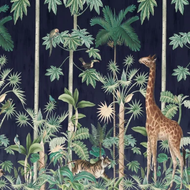 Giraffes Stroll sininen viidakkotapetti Rebel Wallsilta R16792 kuva