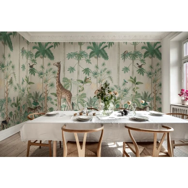 Giraffes stroll vaalea viidakkotapetti ruokailuhuoneen muraltapetti Rebel Wallsilta R16791 kuva