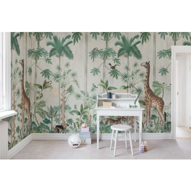 Giraffes stroll vaalea viidakkotapetti tyohuoneeseen Rebel Wallsilta R16791 kuva