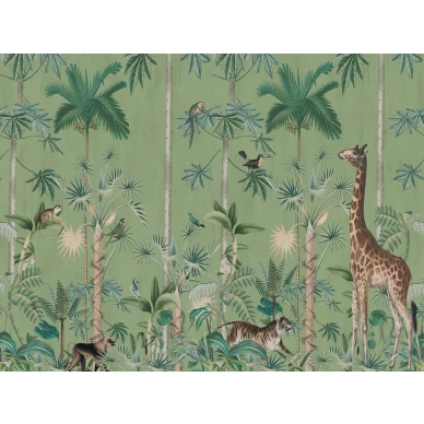 Giraffes stroll vihrea viidakkotapetti Rebel Wallsilta R16793 koko kuvio kuva