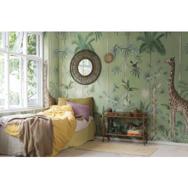 Makuuhuoneen vihrea kuvatapetti Giraffes Stroll Rebel Wallsilta R16793 kuva