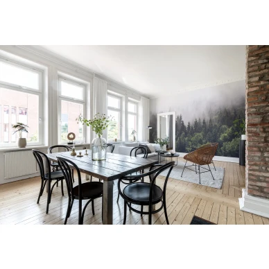 Misty Fir Forest vihrea metsatapetti ruokailuhuoneeseen Rebel Wallsilta R16731 image