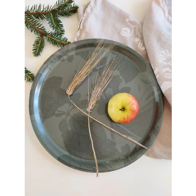 Omenankukka lamminharmaa keittiopyyhe ja Pohjanmaatarjotin salvianvihreana image