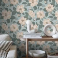 Olohuoneen tapetti Alfred roosa turkoosinsininen kukkakuvio Borastapeterilta 7413