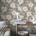 Olohuoneen tapetti Alfred vihrea roosa kukkakuvio Borastapeterilta 7412