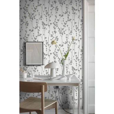Tyohuoneen tapetti Disa harmaa valkoinen lehtitapetti Borastapeterilta 7425 image