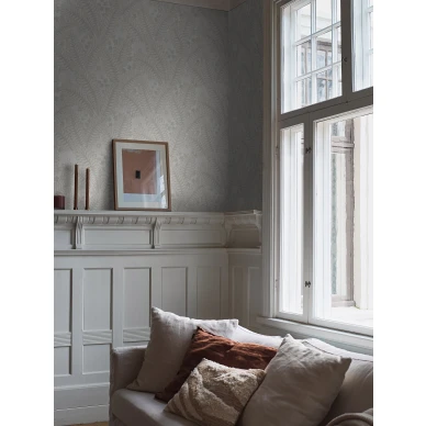 Olohuoneen harmaa tapetti Hidden Ivy lehtikuviolla Borastapeterilta 2253 kuva