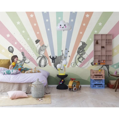 Lastenhuoneen tapetti Circus varikas sirkuskuvio Rebel Wallsilta R18172 kuva