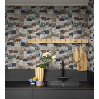 Keittion ruskea vihrea talotapetti Dream Town Rebel Wallsilta R18092 image