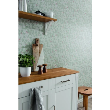 Keittion tapetti vihrealla lehtikuviolla Durolta Vinbarsblad 367 03 kuva