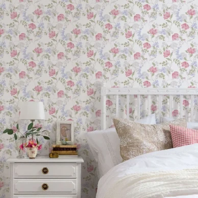 Makuuhuoneen kukkatapetti Durolta vaaleanpunainen Malin 361 04 kuva
