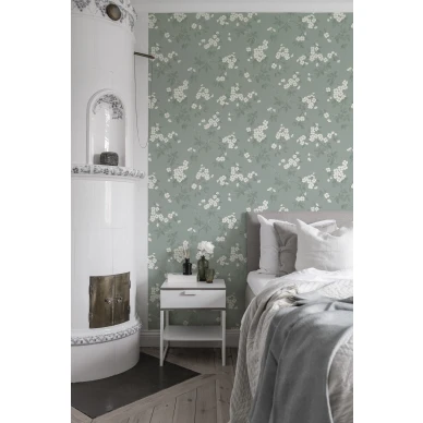 Makuuhuoneen tapetti Karin vihrealla kukkakuviolla Durolta 679 02 kuva