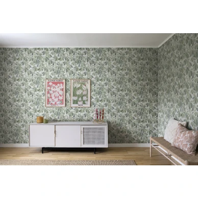 lehtitapetti Kerstin vihrea valkoisena on taydellinen kodin olohuoneeseen image