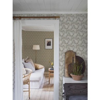 Keittion tapetti Borastapeterilta beigeharmaa kukkakuvio Aratorp 4163 image