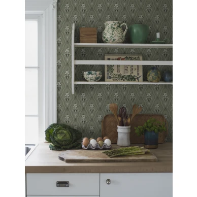 Vihrea tapetti keittioon Borastapeterilta trelliskuviolla 4165 kuva