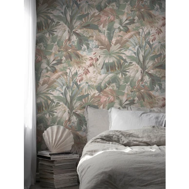 Makuuhuoneen lehtitapetti Palm Leaf 9442w Borastapeterilta kuva