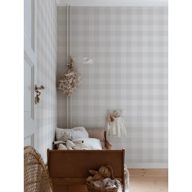 Lastenhuoneen tapetti harmailla ruuduilla Lykke S10212 Sandbergilta kuva