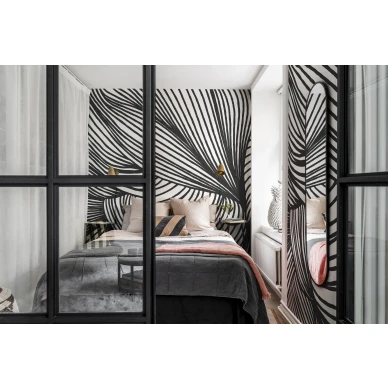 Mustavalkoinen tapetti makuuhuoneeseen Opulence Lines R18597 Rebel Wallsilta kuva