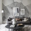 Olohuoneen harmaa kuvatapetti Rebel Wallsilta Petals R18589