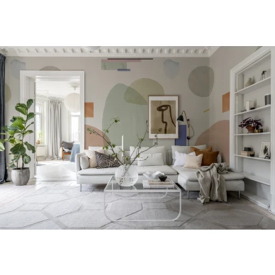 Olohuoneen pastellinvarinen kuvatapetti Rebel Wallsilta Geometry R18361 kuva