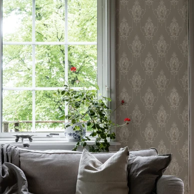 Vanhanaikainen tapetti beige medaljonkikuvio Edsbyn 518 02 Durolta image