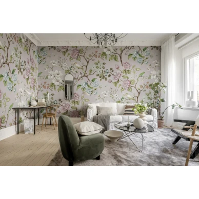 Roosa olohuoneen tapetti kukkakuviolla Rebel Wallsilta Grandiflora R19335 kuva