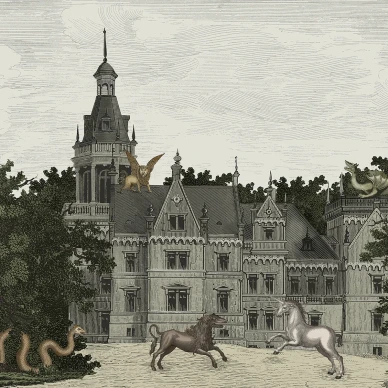 Fairyland harmaa vihrea linnantapetti Rebel Wallsilta R19270 kuva