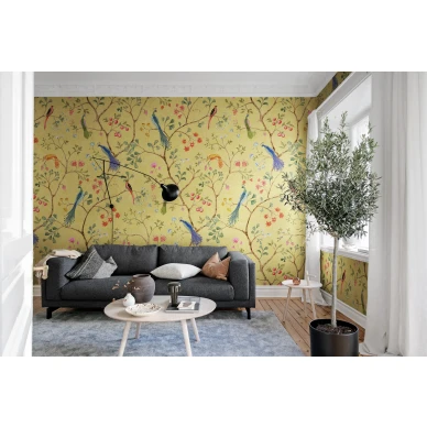 Olohuoneen keltainen lintutapetti Songbirds Rebel Wallsilta R19249 image