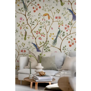 Olohuoneen vaalea lintutapetti Songbirds Rebel Wallsilta R19247 image