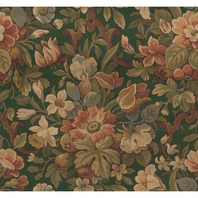 Vintage Flora vihrea monivarinen kukkatapetti Rebel Wallsilta R19238 koko kuvio kuva