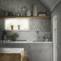 Keittion beige kukkatapetti Annabelle Sandbergilta S10262