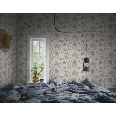 Makuuhuoneen terrakottanvarinen kukkatapetti Annabelle Sandbergilta S10261 kuva