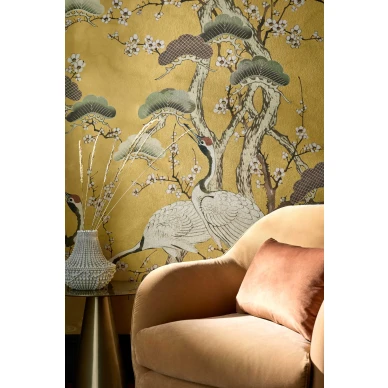 Keltainen lintutapetti olohuoneeseen Kyoto Blossom 1838 Wallcoveringsilta 2311 174 02 kuva