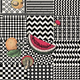 Frutta e Geometrico tapetti mustavalkoisilla erilaisilla geometrisilla kuvioilla ja varikkailla hedelmilla image