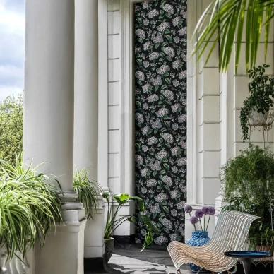 Ramo di Ortensia lnayttava kukkatapetti mustalla pohjalla ja sinipunertavilla kukilla kuva