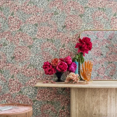 Ortensia sinipunainen kaunis hortensia kukkatapetti sopii hyvin kodin olohuoneeseen image