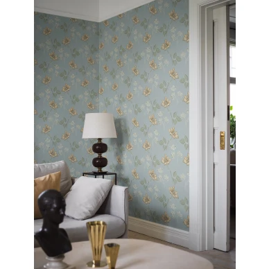 Valborg sininen kukkatapetti olohuoneessa kuva