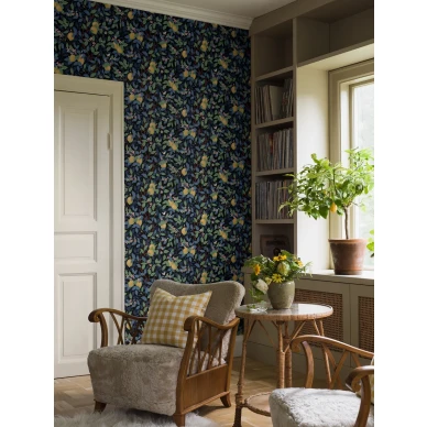 Borastapeter Citrontad musta sitruunatapetti olohuoneessa kuva