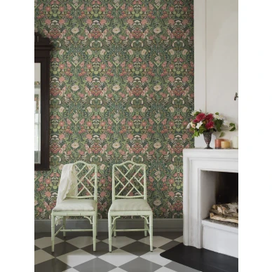 Borastapeter Ortagard 5721 vihrea monivarnen kukkatapetti olohuoneeseen kuva