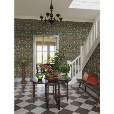 Borastapeter Ortagard 5721 vihrea monivarnen kukkatapetti ruokailutilaan kuva