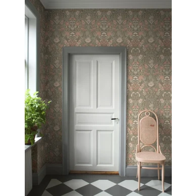 Borastapeter Ortagard 5723 oliivinvihrea tihekuvioinen kukkatapetti kuva