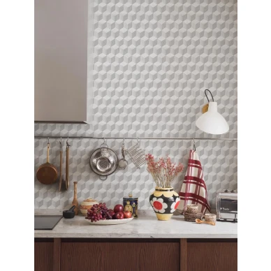 Borastapeter Cube 4746 harmaa geometrinen tapetti keittiossa kuva