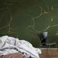 Golden swirls vihrea kuvatapetti makuuhuoneessa