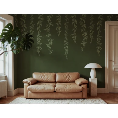 R21659 Hanging Leaves Dark Green Rebel Walls interior1 kuva